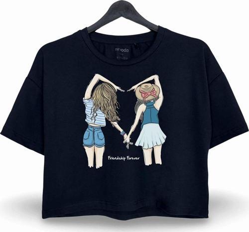 Kız Arkadaşlar Kalp Baskılı Oversize Crop Tişört Siyah