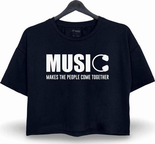 Müzik Simgesi Baskılı Oversize Crop Tişört Siyah
