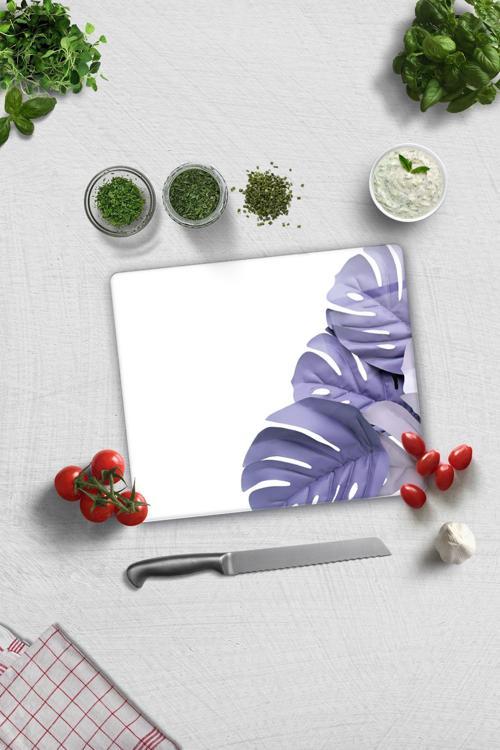 Cam Kesme Tahtası - Cam Kesme Tablası | Mor Yapraklar Beyaz Fon | 29cm x 34cm