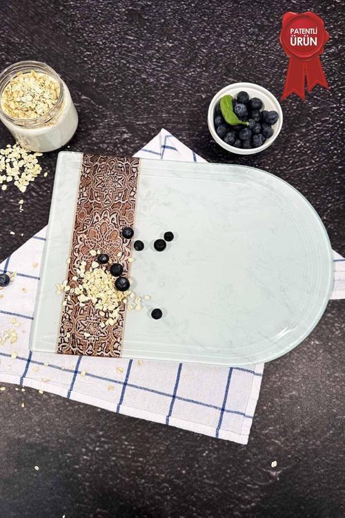 Kanallı Cam Kesme Tahtası - Cam Kesme Tablası | Arabesk Tek Şerit Desen - Kenarı Oval | 25cm x 35cm | Patentli Ürün