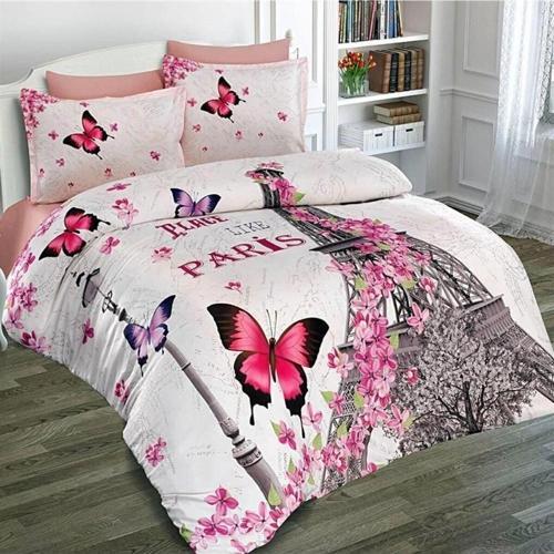 Kıng Sıze Butterfly Paris 3D Pamuk Saten Çift Kişilik Nevresim Takımı