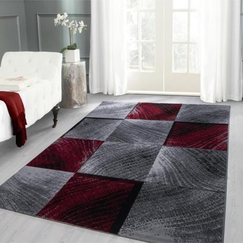Modern desenli Halı kareli ve Kum taramalı motif Siyah Gri Kırmızı
