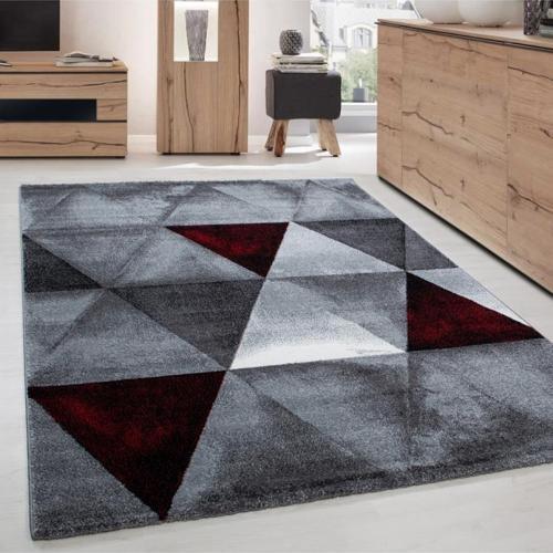 Halı modern tasarımlı kısa havlı ücgen desenli salon halısı Siyah Gri Kırmızı