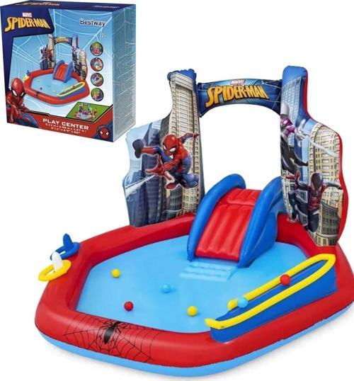 98793 Lisanslı Spiderman Temalı Kaydıraklı Fıskiyeli AquaPark Şişme Eğlence Havuzu, 211x206x127cm
