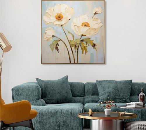Yağlı Boya Dokulu Tablo Spatula Modern Çiçekler Altın Çerçeveli U02010