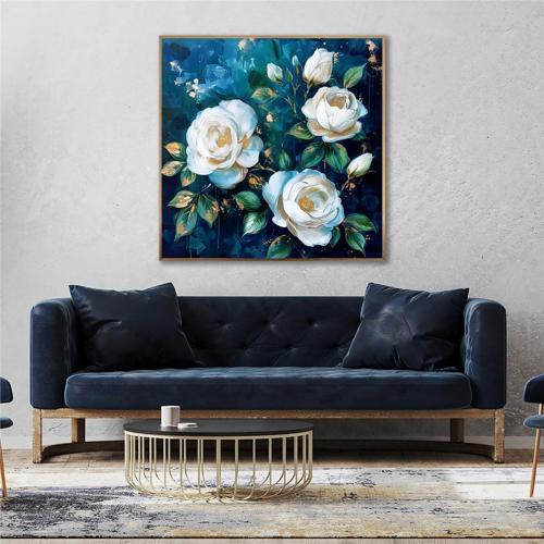 Yağlı Boya Dokulu Tablo Koyu Fonda Beyaz Güller Altın Çerçeveli U02049