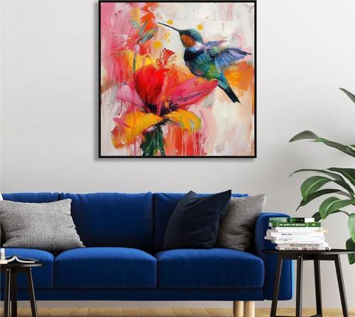 Yağlı Boya Dokulu Tablo Modern Renkli Sinek Kuşu Siyah Çerçeveli U04030