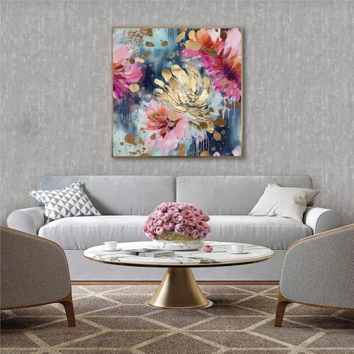 Yağlı Boya Dokulu Tablo Pembe Altın Soyut Çiçekler Altın Çerçeveli U02004