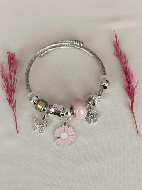 Çelik Pembe Papatya Fiğürlü Charmlı Bileklik
