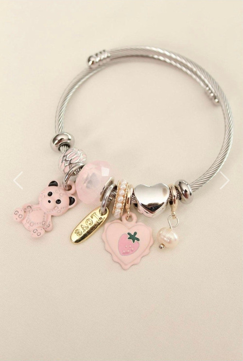 Pembe Ayıcık Ve Kalpli Charm Çelik Model Bileklik