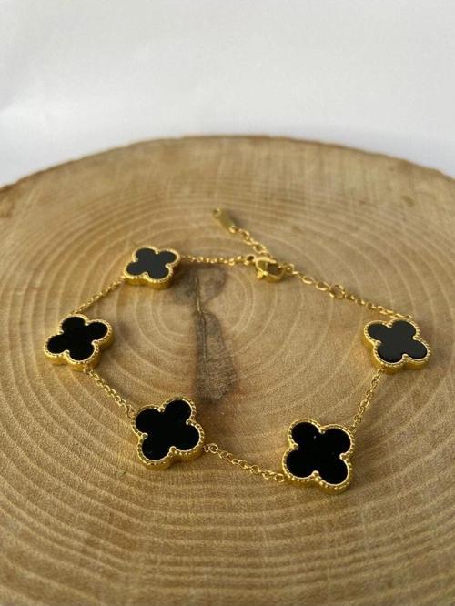 Van Cleef Model 5'Li Siyah Yonca Çelik Bileklik - Altın Rengi