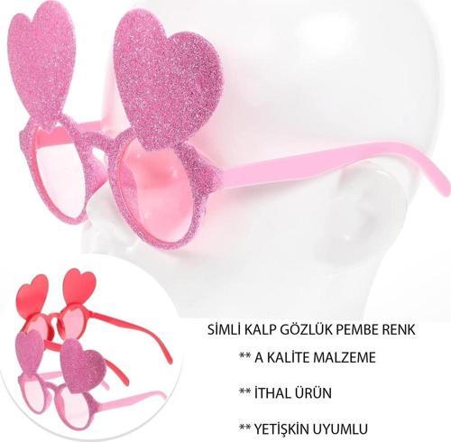 Pembe Renk Sim İşlenmiş Kalp Figürlü Parti Gözlüğü