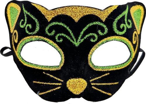 Siyah Kadife Kaplama Üzeri Sarı Yeşil Sim İşlemeli Kedi Maskesi 20x13 cm