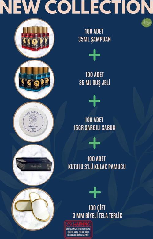 Otel Şampuanı + Duş Jeli + Sabunu + 3'lü Kulak Pamuğu + Terlik 100'lü Set Etiketli