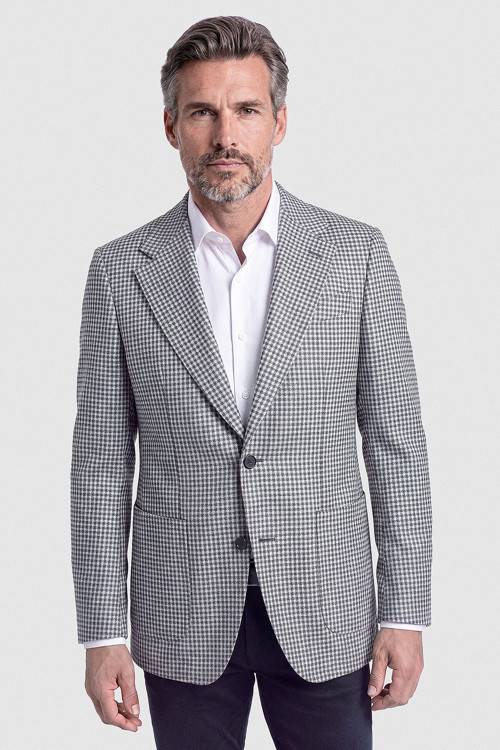 Gri Krem Mikro Kazayağı Desenli Klasik Yaka Blazer Ceket