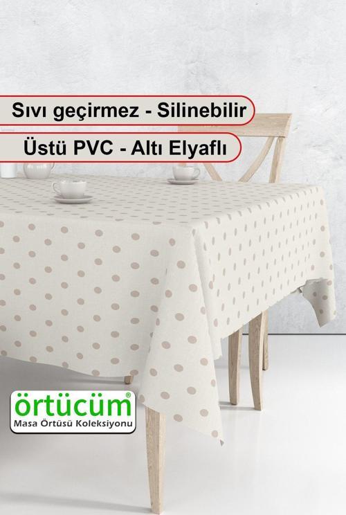 Krem Kahve Renk Puantiyeli Silinebilir Pvc Muşamba Mutfak Masa Örtüsü Leke Tutmaz