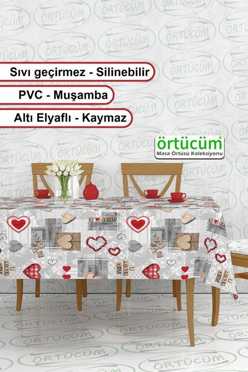 Pvc Muşamba Mutfak Masa Örtüsü Kalp Desenli Elyaflı Silinebilir Leke Tutmaz Sıvı Geçirmez