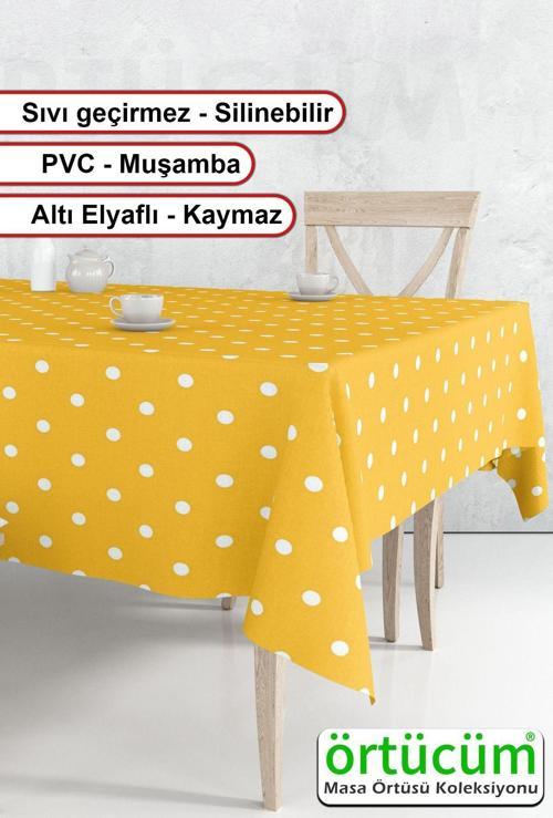 Sarı Beyaz Puantiyeli Silinebilir Pvc Muşamba Mutfak Masa Örtüsü Leke Tutmaz