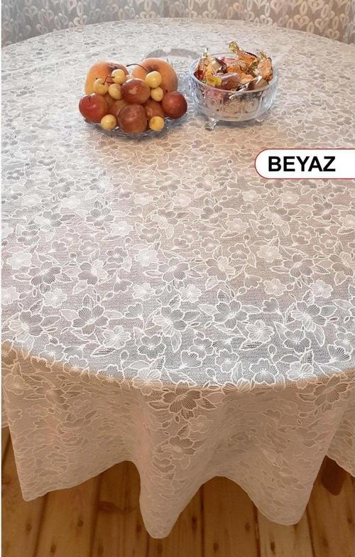 Yuvarlak Dantel Görünümlü Pvc Muşamba Mutfak Masa Örtüsü Sıvı Geçirmez Silinebilir 150 cm