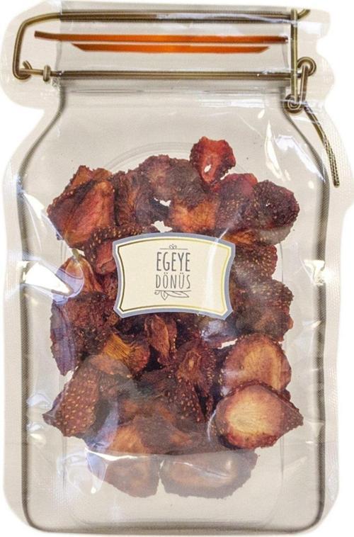 Çilek Cipsi Meyve Kurusu - 30 Gr. - Kavanoz Görünümlü Kilitli Poşet - Kilitli Saklama Poşeti