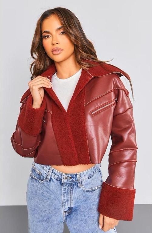 Cherry Red Bonded Borg Astarlı Suni Deri Kısa Aviator Ceket