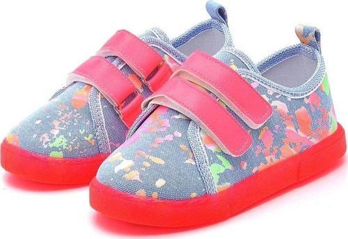 Çift Cırtlı Neon Taban Çocuk Keten Spor Ayakkabı-MAVİ-F-4002