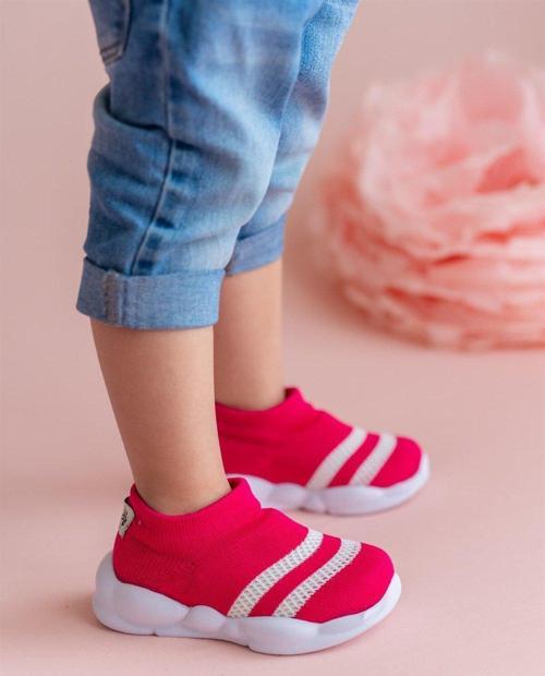 Ultra Hafif Memory Foam İç Taban Çocuk Triko Spor Ayakkabı Beyaz Şeritli Fuşya-M-1002