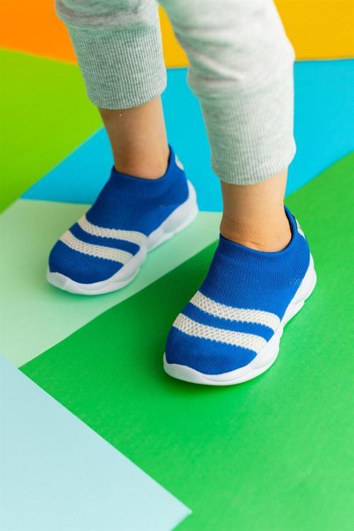 Ultra Hafif Memory Foam İç Taban Çocuk Triko Spor Ayakkabı Beyaz Şeritli Saks-M-1002