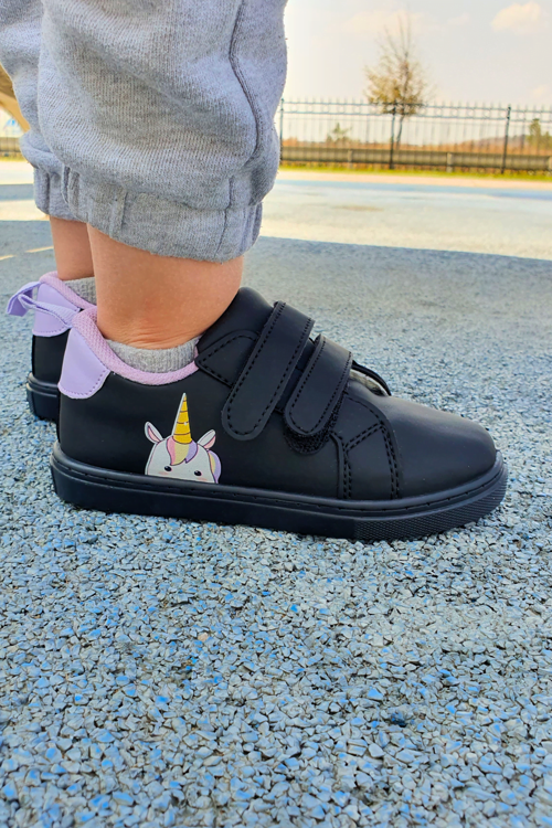Unicorn Baskılı Siyah Cırt Cırtlı Kız Çocuk Günlük Sneaker Spor Ayakkabı-S-1006