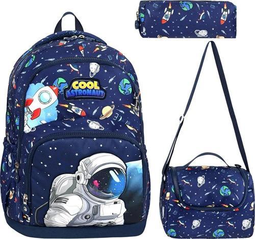 Cool Astronot Okul Çantası + Termal Beslenme + Kalemlik Uzay Çanta İlkokul Çantası Sırt Çantası