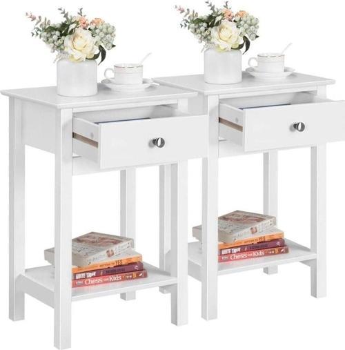 Beyaz Komodin 2'Li Set - Çekmeceli Ve Raflı Ahşap Küçük Komodinler