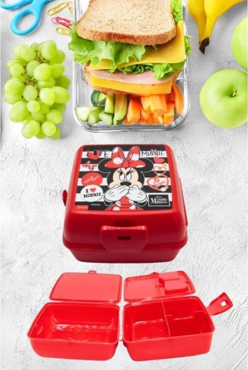 2 Bölmeli Kilitli Çatal Kaşıklı Minnie Mouse Beslenme Kabı Kırmızı