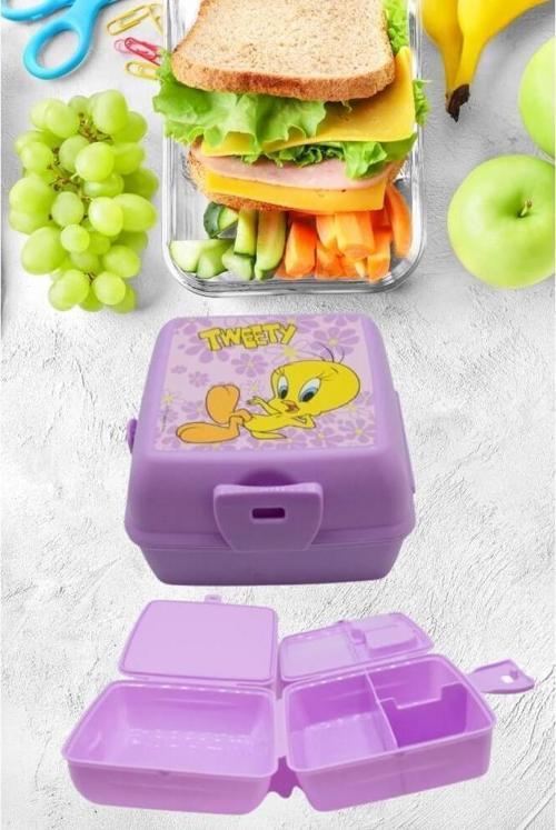 2 Bölmeli Kilitli Çatal Kaşıklı Tweety Beslenme Kabı Lila