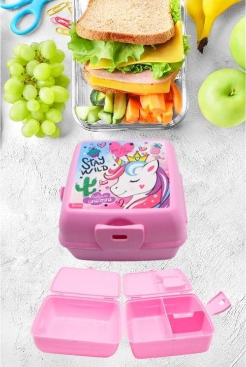 2 Bölmeli Kilitli Çatal Kaşıklı Unicorn Beslenme Kabı Pembe