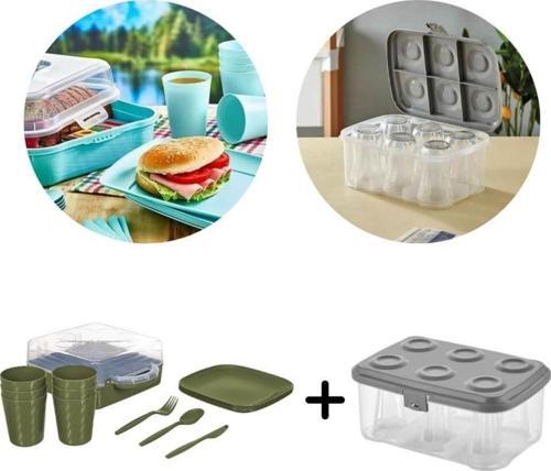 Urve 6 Kişilik Kamp Seyahat Piknik Seti ve Çay Bardak Taşıma Aparatı Kabı 2 si 1 Arada Yeşil