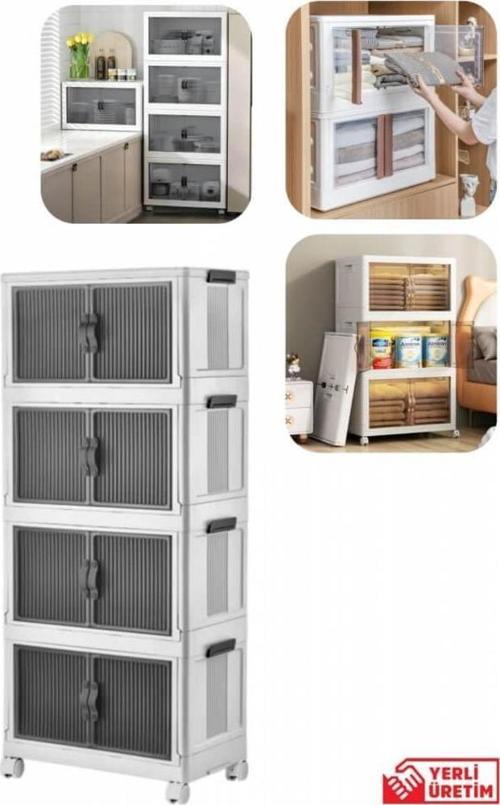 Emayhome Çok Amaçlı Kapaklı Portatif İstiflenebilir Tekerlekli Organizer Dolap 4 Lü Beyaz