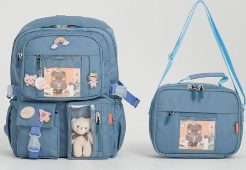 Kawaii Kore Tarzı Aksesuarlı Ilkokul Sırt Çantası Kız Ve Isı Yalıtımlı Termoslu Beslenme Çantası Set İndigo