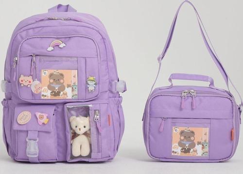 Kawaii Kore Tarzı Aksesuarlı Ilkokul Sırt Çantası Kız Ve Isı Yalıtımlı Termoslu Beslenme Çantası Set Lila