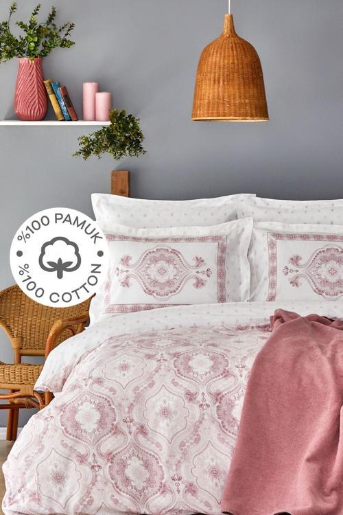 Arlen Pudra Çift Kişilik %100 Pamuk Nevresim Takımı Battaniye Set
