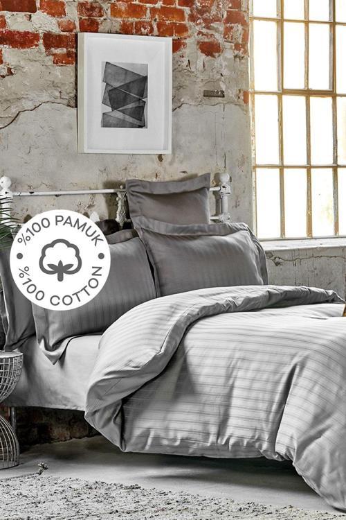 Charm Bold Gri %100 Pamuk Saten Çift Kişilik Nevresim Takımı