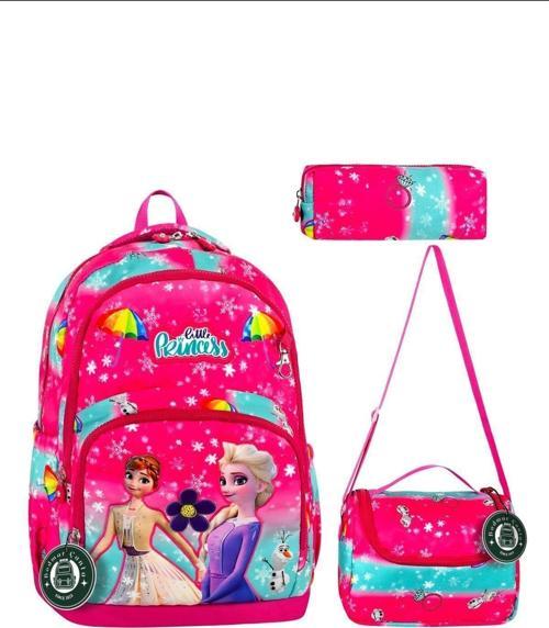 Little Elsa Anna Okul Çantası + Termal Beslenme + Kalemlik Frozen Çanta İlkokul Çantası Sırt Çanta