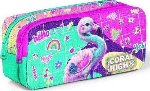 Kids Pembe Su Yeşili Flamingo Desenli İki Bölmeli Kalem Çantası 12080
