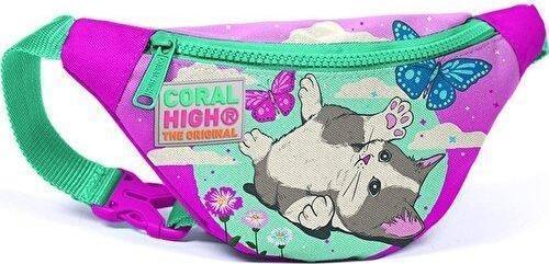 Kids Su Yeşili Pembe Kedi Desenli Bel Çantası 22407