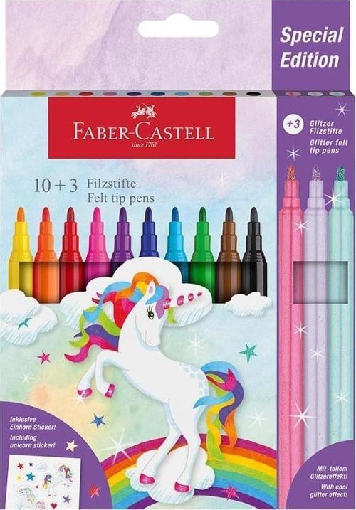 Faber-Castell Unicorn keçeli kalem, sınırlı sayıda, 10 +3 renk, 3'ü özel parıltılı