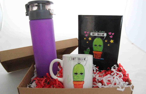 Kaktüs Tasarım Hediye Kutusu - Mor Termos, Kupa Bardak Ve Defter Hediye Seti