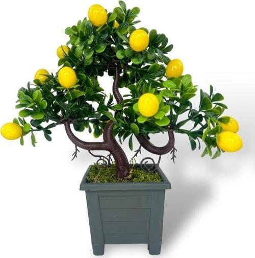 Bonsai Limon Ağacı Dekoratif Yapay Ağaç Yeşil Bonzai 28*23 cm Siyah Kare Saksıda