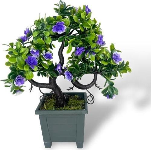 Yapay Çiçek Mor Çiçekli Bonsai Ağacı Dekoratif Yapay Ağaç Bonzai 29*24 cm Siyah Kare Saksıda