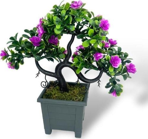 Yapay Çiçek Lila Çiçekli Bonsai Ağacı Dekoratif Yapay Ağaç Bonzai 29*24 cm Siyah Kare Saksıda
