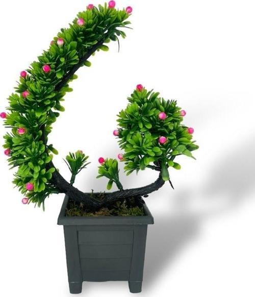 Yapay Çiçek Bonsai Ağacı Pembe Eğik Model Dekoratif Yapay Ağaç Bonzai 30*22 cm Siyah Kare Saksıda
