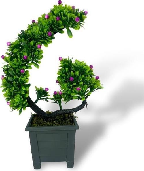 Yapay Çiçek Bonsai Ağacı Mor Eğik Model Dekoratif Yapay Ağaç Bonzai 30*22 cm Siyah Kare Saksıda